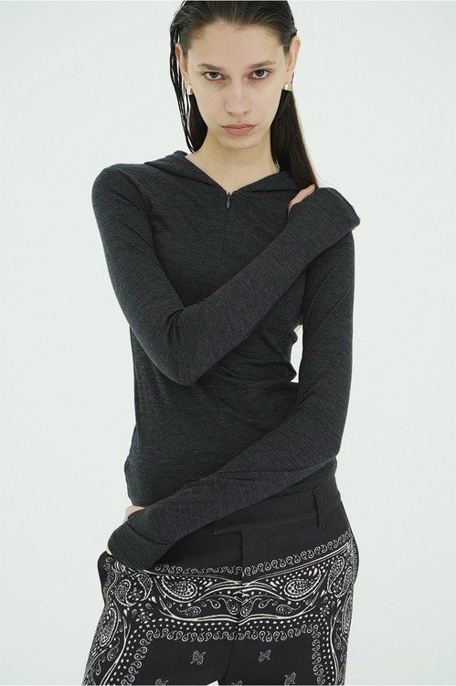 HALF ZIP WOOL HOODED TOPS
