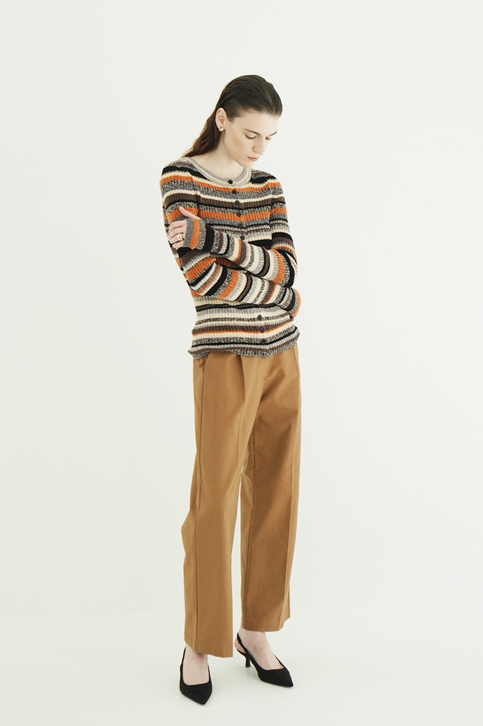 MULTI BORDER BUTTON DETAIL KNIT CARDIGAN｜TOPS(トップス)｜CLANE