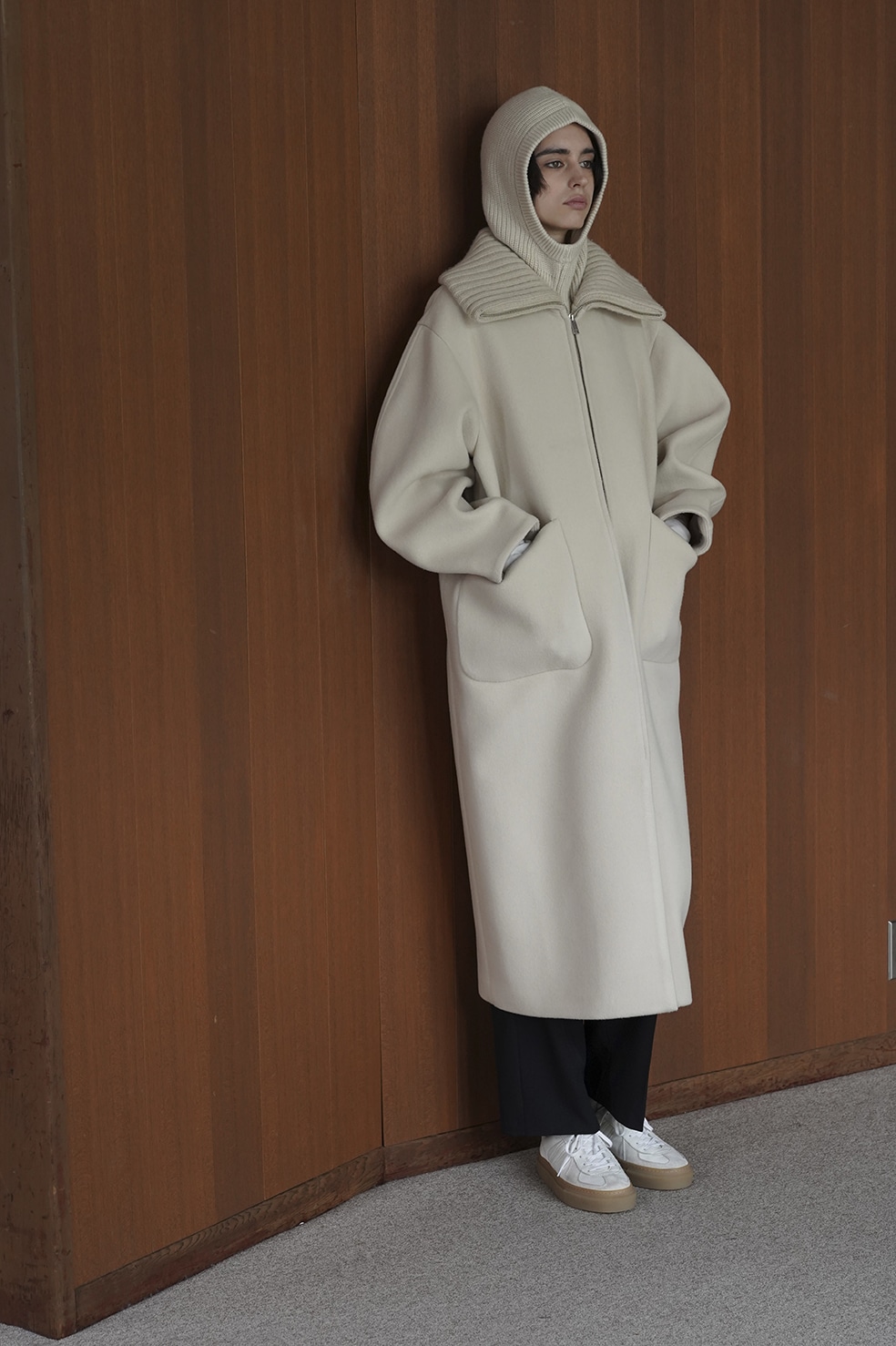 RIB COLLAR WOOL LONG COAT