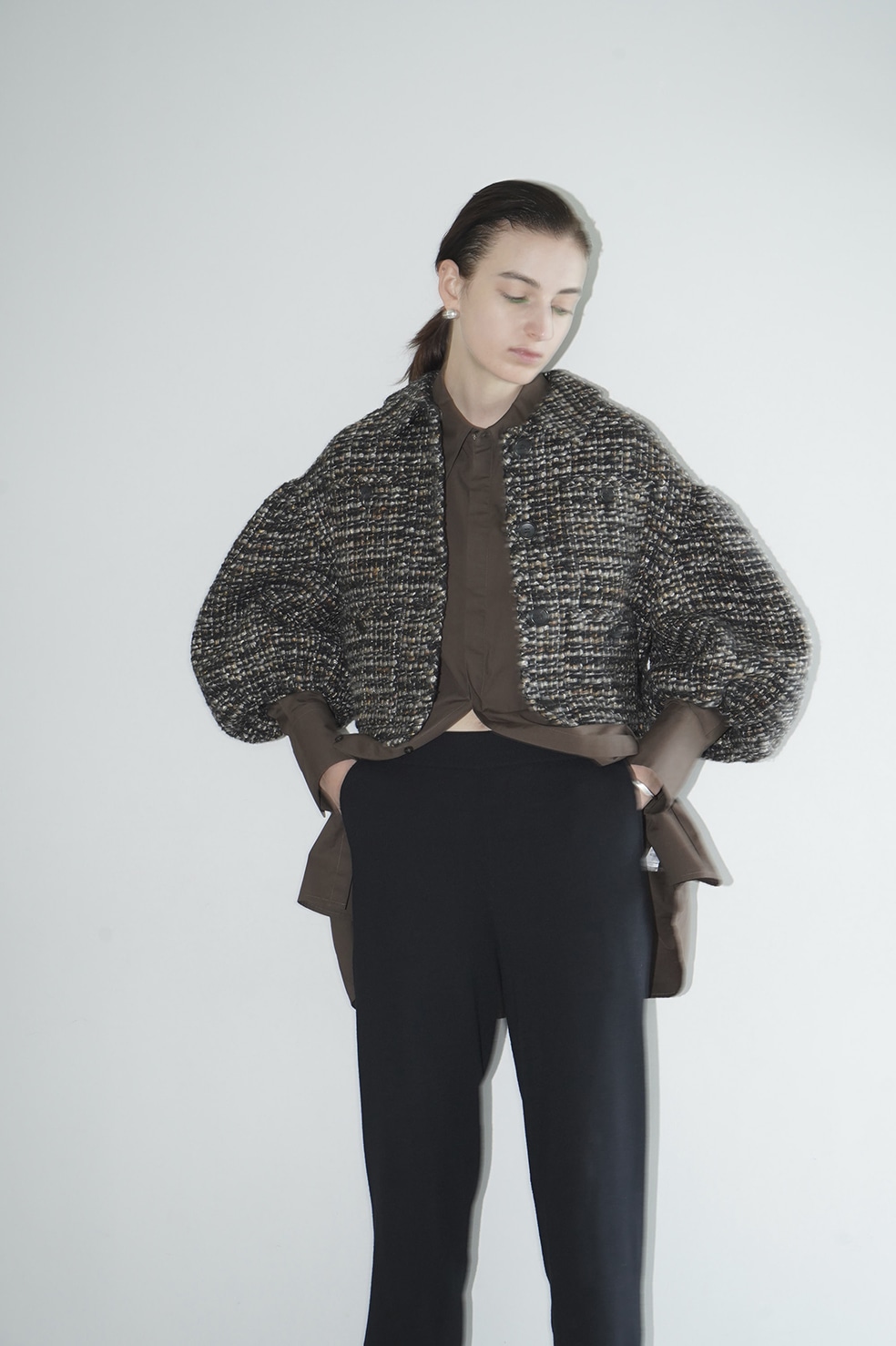 MIX TWEED PUFF SLEEVE JACKET - ノーカラージャケット