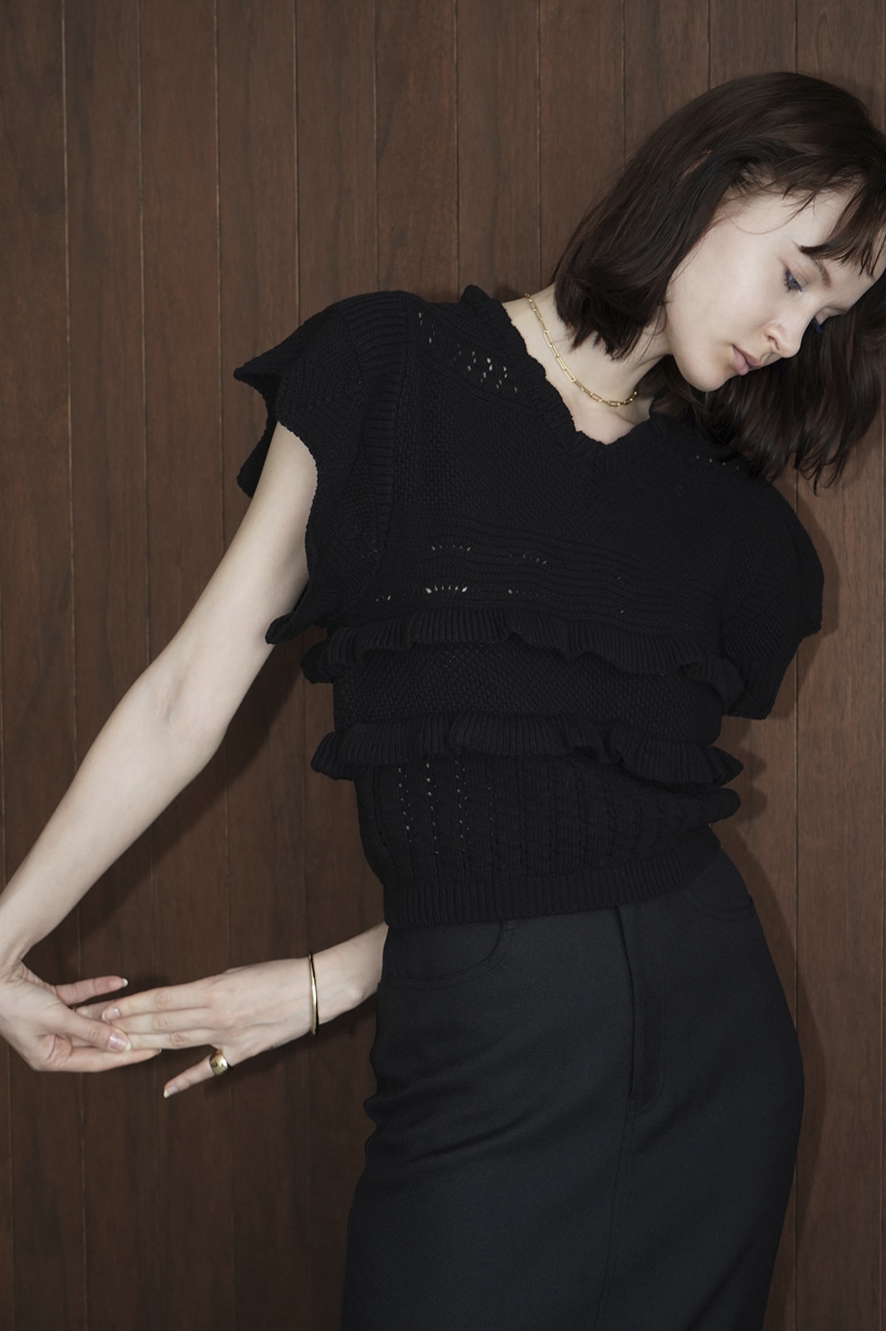 ブラウン×ピンク 新品 CLANE CROCHET FRILL KNIT TOPS サイズ２ - 通販