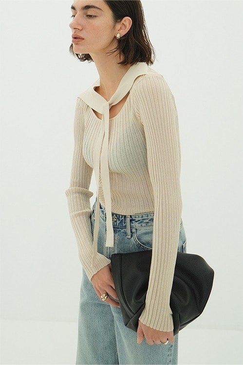 SHEER RIB RIBBON KINT TOPS