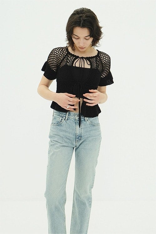 W FACE RIBBON CROCHET KNIT TOPS