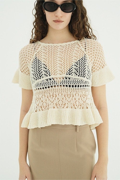 W FACE RIBBON CROCHET KNIT TOPS