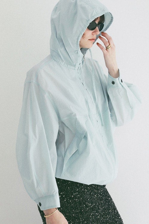 CRINKLED SHEER NYLON ZIP UP HOODIE