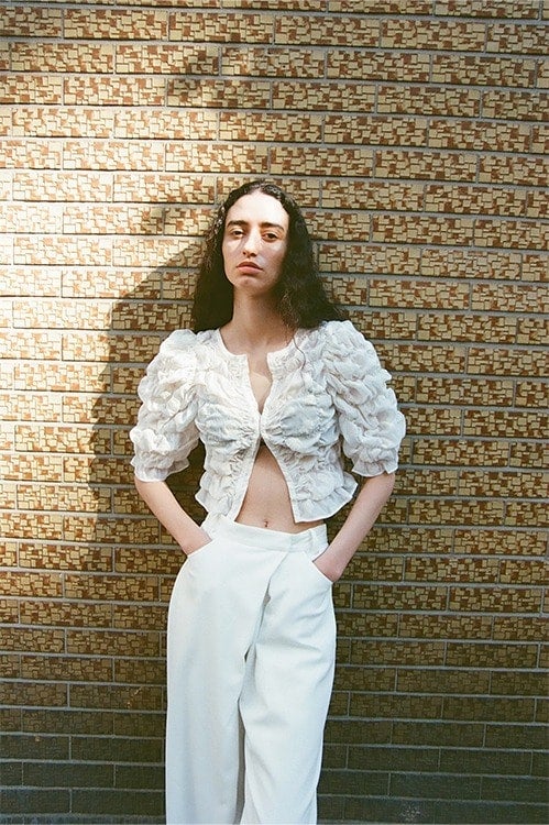 MINAMI TANAKA×CLANE W FACE FLOWER JACQUARD SHIRRING TOPS