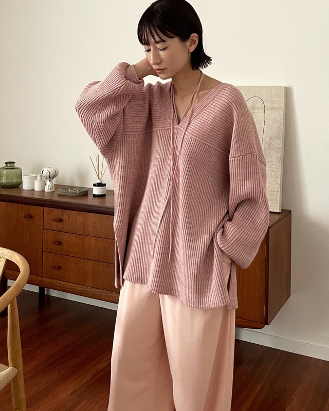 mix color string wide knit tops/claneニット/セーター